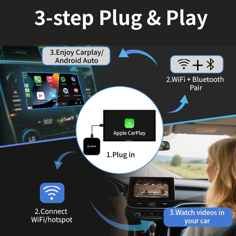 ONINCE ترقية CarPlay AI Box 2025 – صندوق سحري 3.0 مع CarPlay اللاسلكي وAndroid Auto، وNetflix وYouTube وDisney+ وPrime Video مدمجة | واي فاي 5.8GHz، اتصال تلقائي | للسيارات والدراجات النارية المزودة بـ CarPlay السلكي من OEM - Image 5